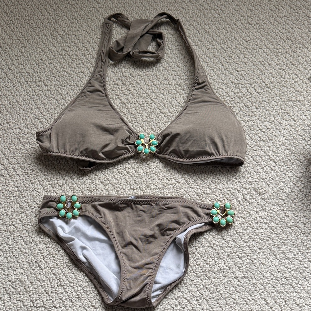 Trina Turk Brown Bikini with Green Floral Accents size 4